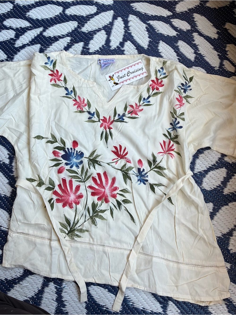 Just Crusing Cream Floral Embroidered V-Neck Tie-Waist Top